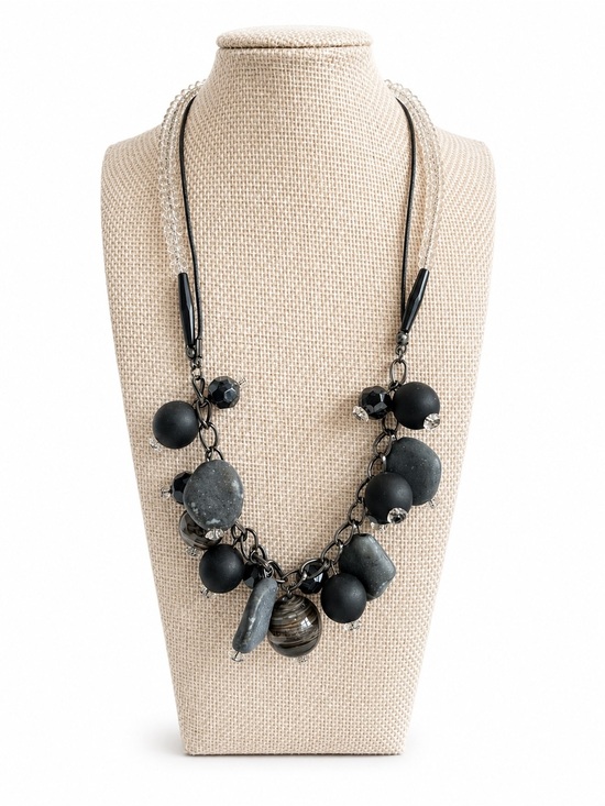 Unbranded Jewelry - Double Strand Gray Black Beaded Statement Necklace Modern Artisan Boho Chic